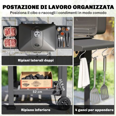 Barbecue charbon portable fumoir intégré, tiroir cendres, ventilation ajustable, thermomètre, étagères latérales, noir. (1/5)