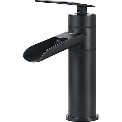 Grifo de cascada, grifo de baño, grifo de lavabo de un solo orificio, grifo de baño alto de una sola manija, grifo de baño negro para lavabo (corto) (1/5)