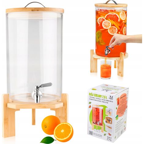 Tarro de cristal de 7,5 L + tapa de madera de bambú + grifo de acero inoxidable + soporte de madera