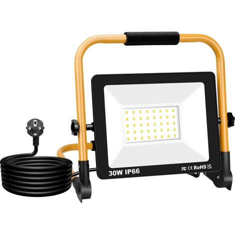 Projecteur Chantier LED sur Pied 30W Spot LED Extérieur Filaire Petit Lumiere de Chantier 3000LM, 6000K Blanc, Etanche IP66, Portable Lampe de Travail Pour Garage Atelier Construction (1/5)