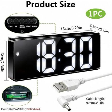 Réveil Numérique avec Câble USB Horloge Digitale LED avec Gros Chiffres Reveil Digital 12 / 24H avec Température Date Blanc (1/5)