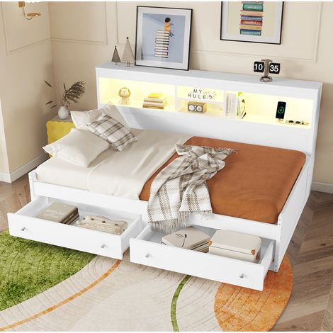 Lit banquette moderne 90x200 cm en panneaux de particules blanc avec tête de lit rangement, LED, 2 USB, 2 prises, 2 tiroirs et sommier à lattes (1/5)