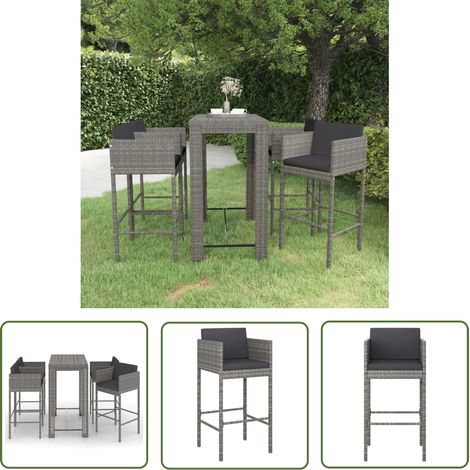 INLIFE Ensemble de bar de jardin 5 pcs et coussins Résine tressée Gris (1/5)