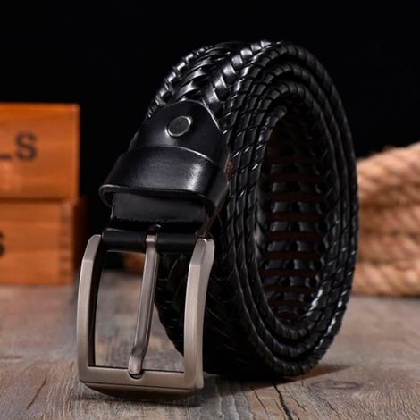 130 cm - BZ201 Black - ceinture en cuir tressé pour homme, largeur de 4.0CM, cuir véritable de vache, tricoté (1/4)
