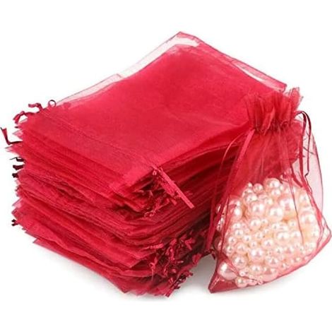 100 sachets en organza, tulle simple, perles, environ 23 x 25 cm, rouge, pour cadeaux de mariage, bonbons et bijoux. (1/5)