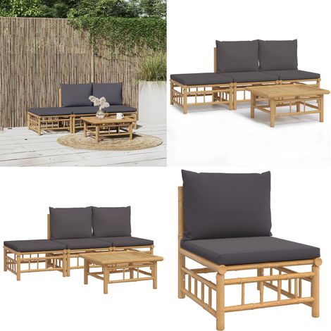Salon de jardin 4 pcs avec coussins gris foncé bambou - Salon De Jardin - Mobilier De Jardin - Ensemble De Salon - Meubles En Bambou - Set De Jardin - Home & Living (1/5)
