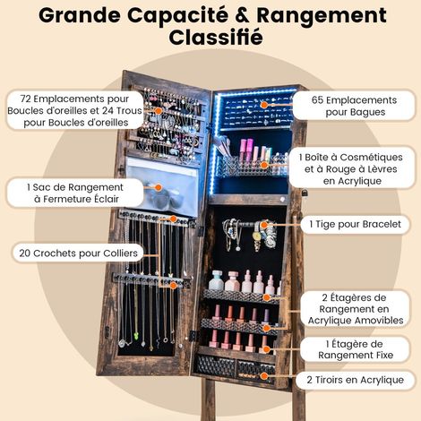 Armoire à bijoux marron rustique sur pied avec miroir pleine longueur et éclairage LED 3 couleurs (1/5)