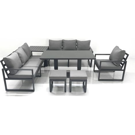 Fimous Outdoor Garden Furniture Set Aluminium Lounge Sofa Adjustable Rising Lifting Dining Table Sets with 2 Small Footstools Side Table Dark Grey (1/5)