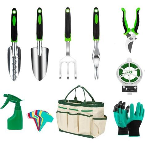 Lot de 10 outils de jardinage en acier inoxydable robuste avec poignée antidérapante - Cadeau de jardin pour femmes et hommes - Vert