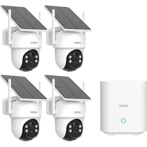 AOSU 2K 3MP Camara de Vigilancia Solar WiFi Exterior, Kit 4 Cámaras con Homebase, Sin Suscripción, Camaras de Vigilancia Sin Cables Panel Solar, 360° PTZ, Seguimiento Automático, Audio Bidireccional