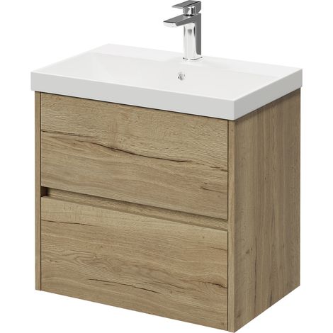 Montego Autumn Oak 600mm Wall Mounted Vanity Unit with 1 Tap Hole Slim Edge Basin and 2 Drawers (1/5)