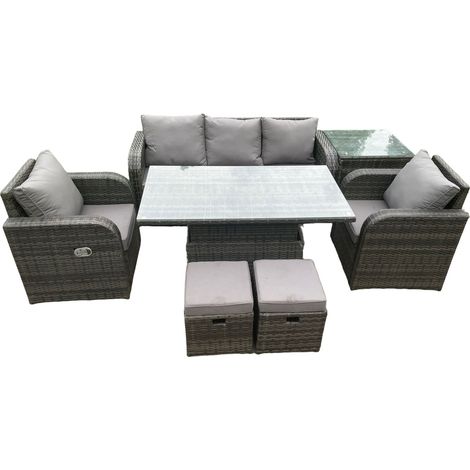 Fimous Wicker PE Rattan Gartenmöbel Set Höhenverstellbarer aufsteigender Esstisch mit Sessel Beistelltisch 2 Kleine Fußhocker (1/5)