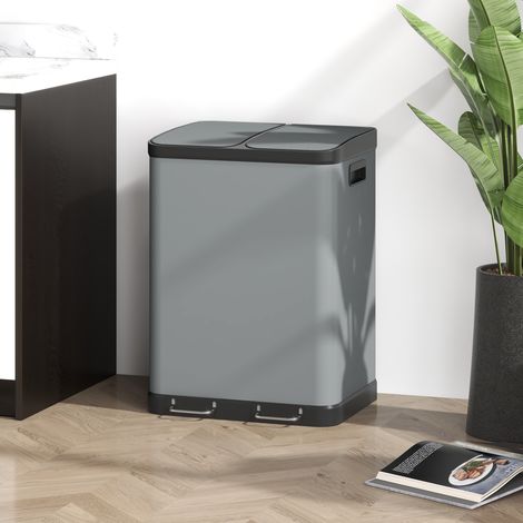 Poubelle à double compartiment, 2 x 30L, bacs intérieurs amovibles, pédale, résistante aux empreintes digitales, gris