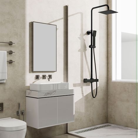 Soffione doccia quadrato 20x20cm in acciaio inox, colonne doccia con miscelatore termostatico, saliscendi regolabile 73-115cm, nero opaco