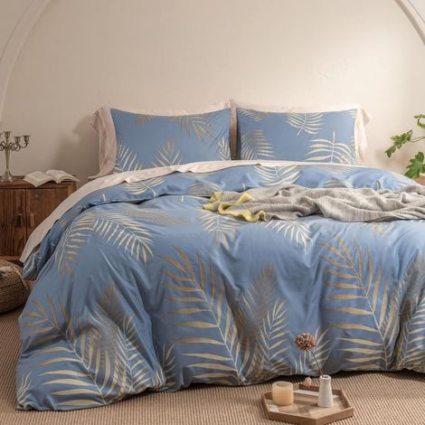 Housse de Couette Doré 240x260 Motif Feuilles de Palmier Tropicales Parure de Lit 240x260 Or et Bleu Botanique Linge de Lit 2 Personnes Adulte avec Fermeture Éclair et 2 Taies d'oreiller 65x65cm (1/5)