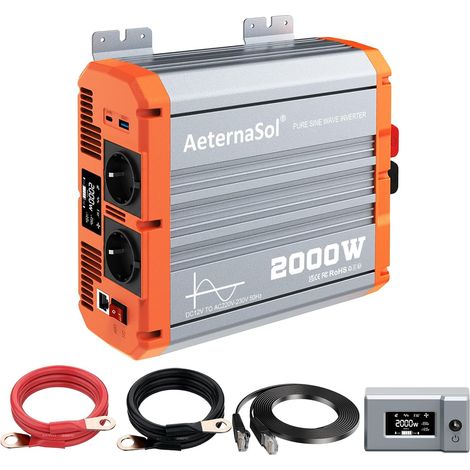 Onduleur 2000W 12V CC vers 230V AC, onduleur sinusoïdal Pur avec 2 Prises européennes, USB-C, USB-A et télécommande LCD - pour Camping-Car, Camping et énergie Solaire, Puissance de crête 4000W (1/5)