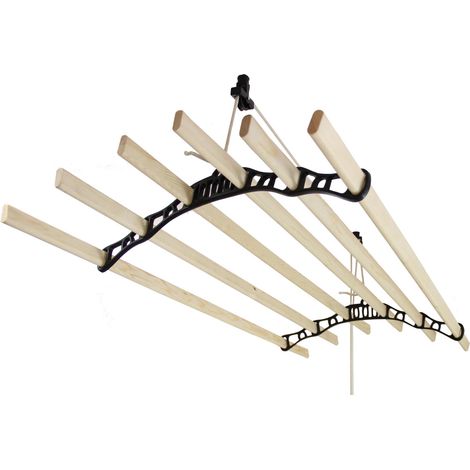 Monster-Shop – Etendoir à linge suspendu 240cm – 6 lattes en pin vernissé – Supports en fonte – Système de poulie pour séchage rapide