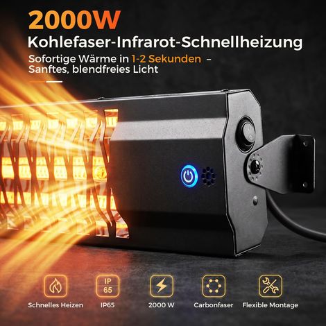 ZMH Radiateur radiant extérieur noir sablé 2000W IP65 chauffage infrarouge terrasse jardin balcon (1/5)