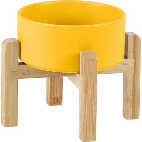 Gamelle Chat - Support Surélevé en Bambou avec Pieds Antidérapants - Bol Céramique Alimentaire - Pour Chats Chiens Lapins - Lot de 1 (1/5)