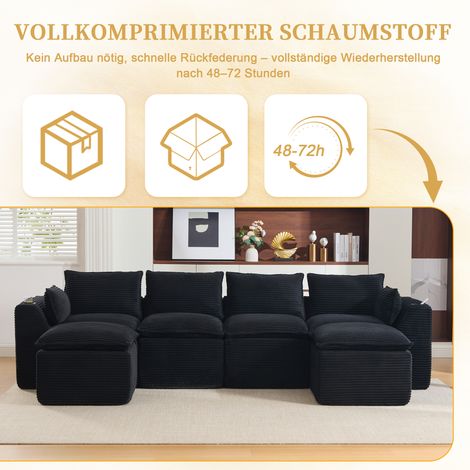 Canapé convertible 4 places avec 2 poufs, coussins inclus, porte-verres, 2 rangements latéraux, structure mousse/ressorts, assise moelleuse. Configurations illimitées – parfait pour séjour, espace pro (1/5)