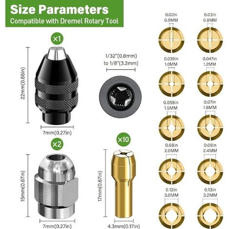 13er-Pack Bohrfutter, 4486 Bohrfutter, 4485 Spannzangenfutter, Schnellwechsel-Spannzangenköpfe aus Messing für Dremel 4000, Trio und mehr,