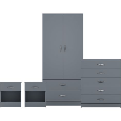 Riano 4 Piece Bedroom Set (1 Drw Bedside Chest, 5 Drw Chest, 2 Dr 2 Drw Wardrobe), Grey (1/3)