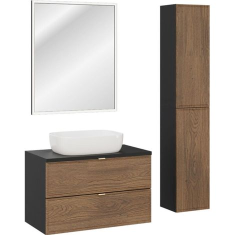 Set SAVIA: mobile sottolavabo 80cm + lavabo da appoggio bianco + specchio LED + mobili contenitori