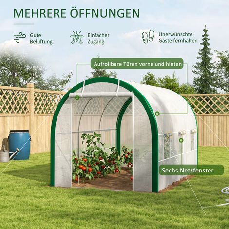 Tunnel de jardin, serre avec fermeture éclair, fenêtres grillagées, armature métallique, 3,5 x 2 x 2 m, blanc (1/5)