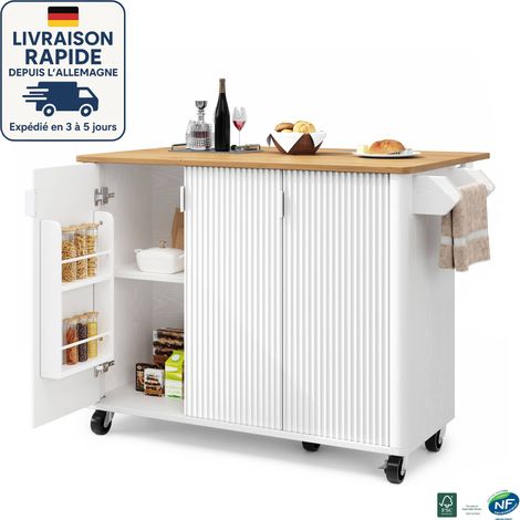 Carrito de cocina con 5 ruedas - 130x45(75)x92cm - cajón, especiero, toallero, encimera abatible - natural y blanco (1/5)