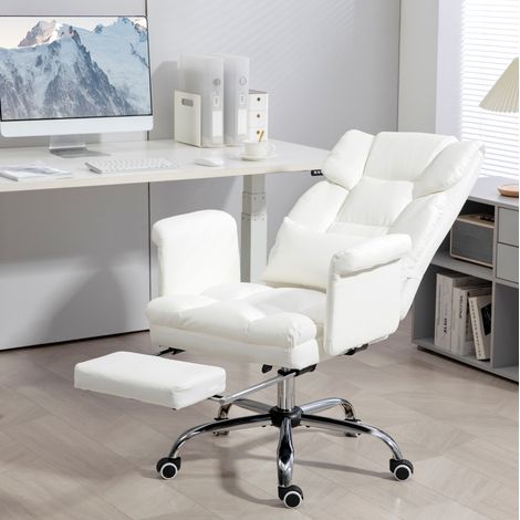Bürostuhl aus Kunstleder Weiß 69x65x107-115 cm, 155° Rückenlehne, abnehmbares Lendenkissen, Fußstütze, 360° drehbar (1/5)