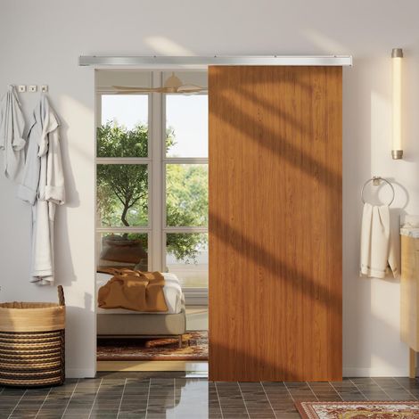 HOMCOM puerta corredera con herrajes 90x210 cm, puerta corredera de interior con rodillo, riel de aluminio, guía de suelo, para baño, salón, marrón (1/5)