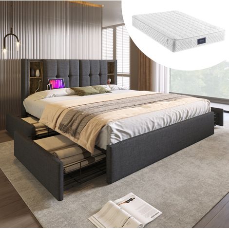 Cama doble con carga y almacenamiento gris OKMYHOME (1/5)