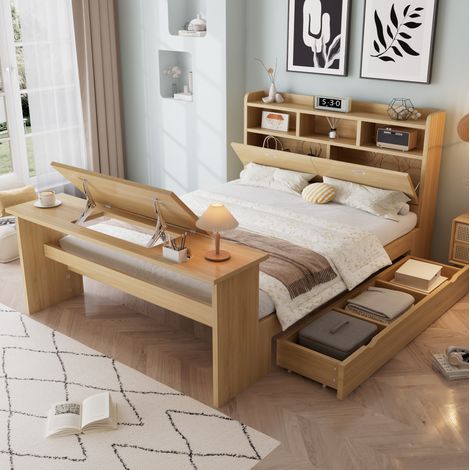 Bett 140x200 cm mit Stauraum, Kopfteilregal, Schublade und Klapptisch OKWISH (1/5)