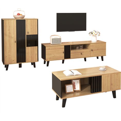 Ensemble de meubles de salon 3 pièces – table basse, meuble TV et buffet – design moderne en bois et noir – grand espace de rangement, élégance stylée pour chaque intérieur (1/5)