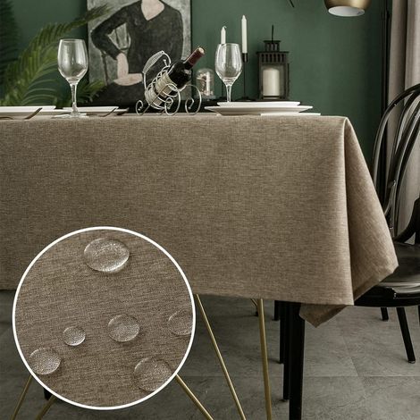 Nappe 140x200 cm rectangulaire, imperméable, anti-taches, aspect lin, Mokka