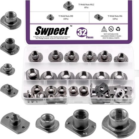 32pcs M6 M8 M10 M12 Black T-nut Weld Kit, UNC Leg Base Screws for Carbon Steel Machinery, Weld Hood Fastener, Ideal for Furniture Vehicle Casters (1/5)
