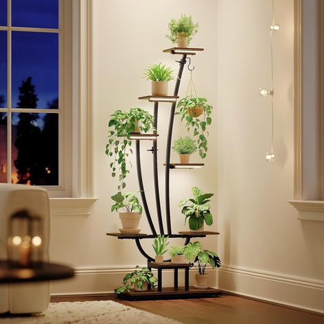 Support pour plantes avec lumière de croissance - Étagère à 7 niveaux en métal et bois - Support de fleurs haut pour l'intérieur, le salon, le balcon ou le jardin (1/5)