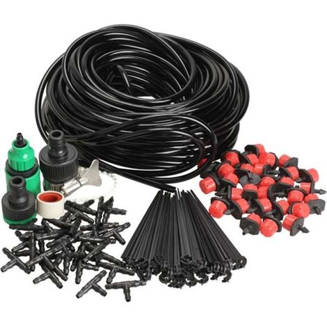 Système d'irrigation goutte à goutte de 30 pièces avec tuyau de 25 m et goutteurs réglables pour l'arrosage automatique des pelouses, serres et jardins extérieurs. (1/5)