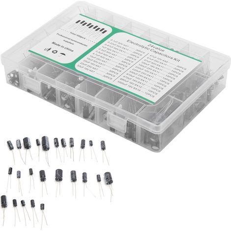Kit de 500 condensateurs électrolytiques, assortiment de 24 valeurs : 0,1 µF à 1 000 µF, 10 V, 16 V, 25 V et 50 V. (1/5)