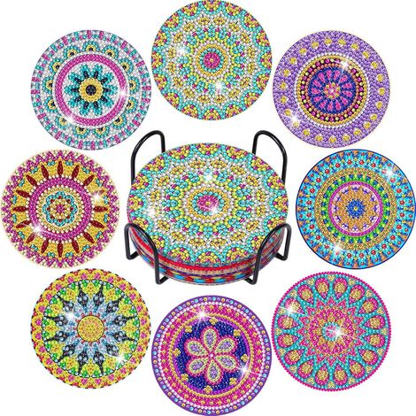 Ensemble de 8 sous-verres à monter soi-même avec motif mandala - Base ronde en bois avec support de rangement en fer, isolation de bureau et matériau décoratif. (1/5)
