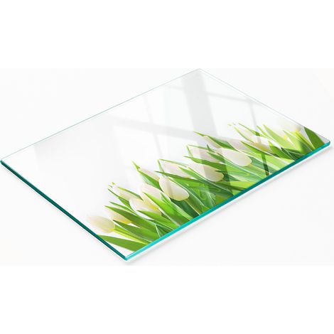 Tabla de cocina de vidrio templado con gráficos decorativos de tulipanes blancos, 80x52 cm. (1/5)