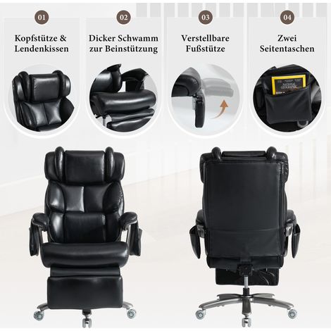 Fauteuil de bureau ergonomique XXL avec fonction massage et chauffage, cuir PU, repose-pieds, dossier réglable, noir (1/5)