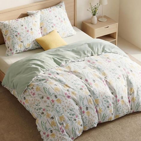 Set biancheria letto 3 pezzi Verde fiori 220x240 cm Doppia faccia (1/5)