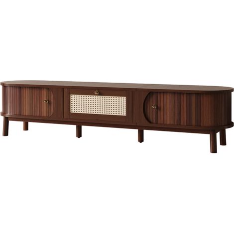 Meuble TV – meuble télé avec portes en bois naturel et tiroirs en rotin, solution de rangement naturelle pour une ambiance rustique (1/5)