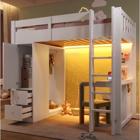 Lit mezzanine 204,5/106,9/172,5 cm blanc en bois massif et MDF avec bureau, rangements, LED et USB (1/5)