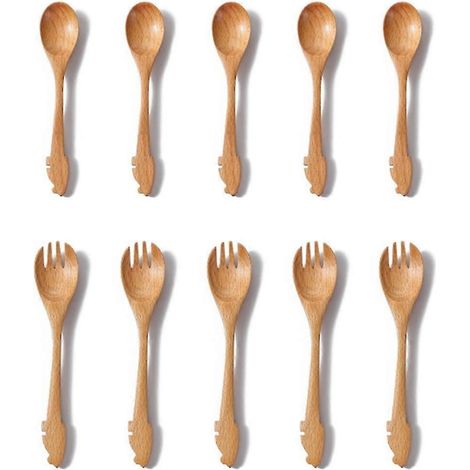 Creative Log Cartoon Cat Spoon Fork Japanese Handmade Beech Spoon Wooden Fork Tableware Set Dessert (1/5)