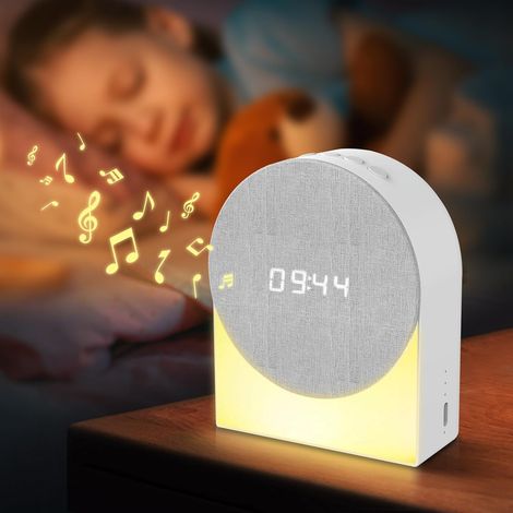 4-en-1 Réveil numérique + Machine à sons + Enceinte Bluetooth + Veilleuse pour enfants - Lampe de chevet et de table rechargeable USB, dimmable, avec fonction minuterie, pour chambre à coucher et camp