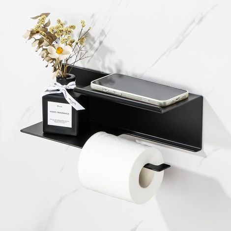 Porte Papier Toilette Mural avec Tablette sans Perçage, Derouleur Support Papier Toilette avec Étagères Spacieuses en Haute Qualité Aluminium, Auto-adhésif, Noir Mat (1/5)