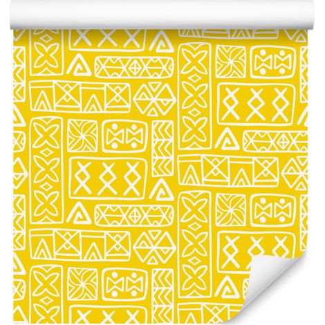 Carta da parati con motivo geometrico polinesiano, giallo e crema, 50x1000 cm (1/5)