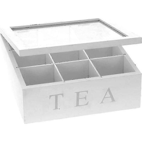 Boîte à thé en bois, boîte à thé blanche, boîte à thé à 9 compartiments, grande boîte à sachets de thé, blanche (1/5)